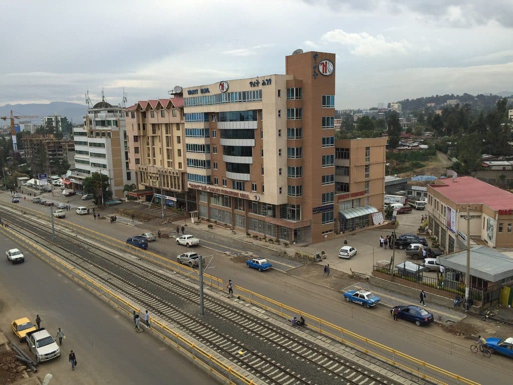The Addis Ababa light rail line running along Haile Gebreselassie Avenue, seen from above