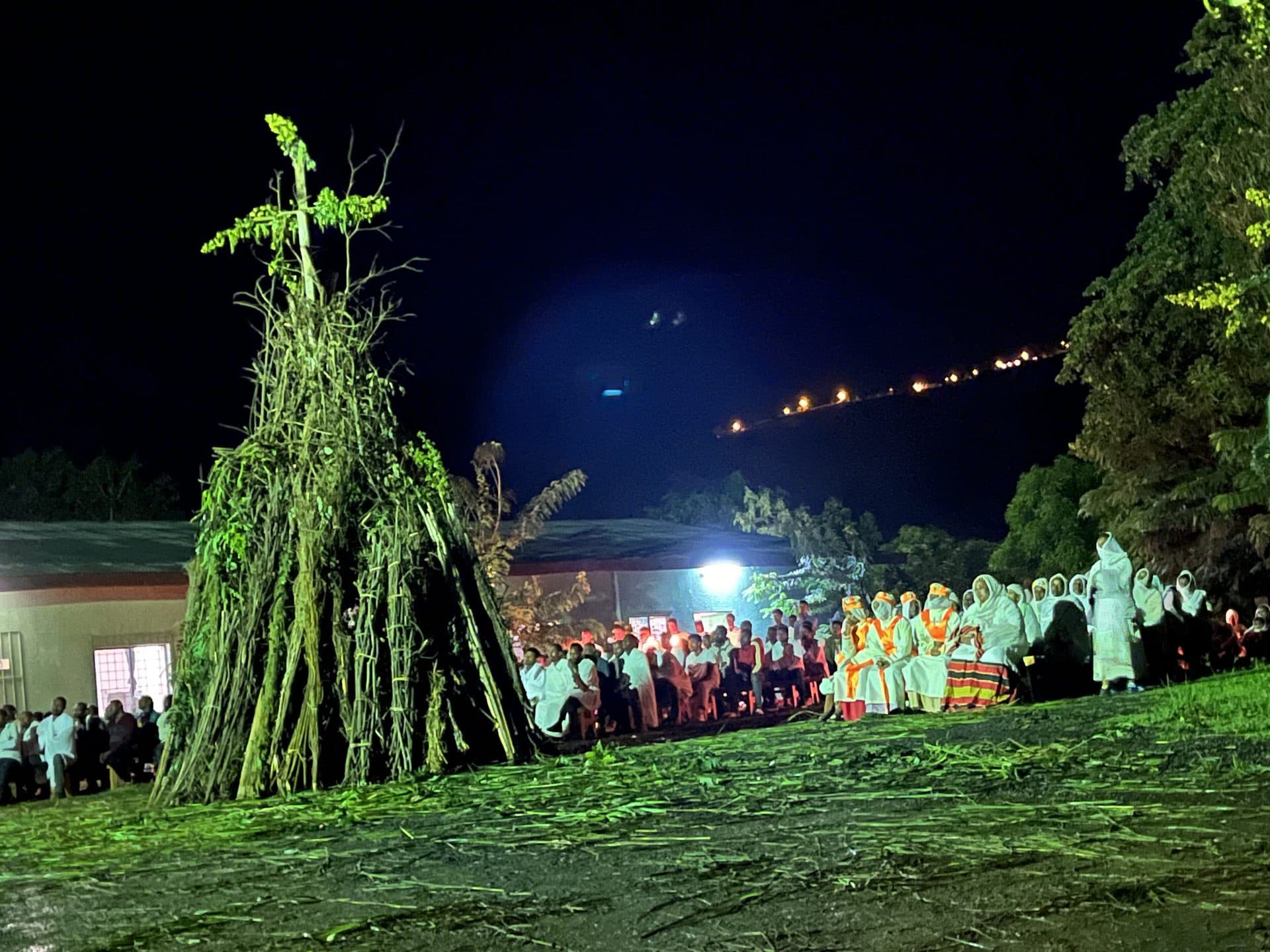 A tall conical demera of bound poles and green leaves standing at night before a crowd dressed in white