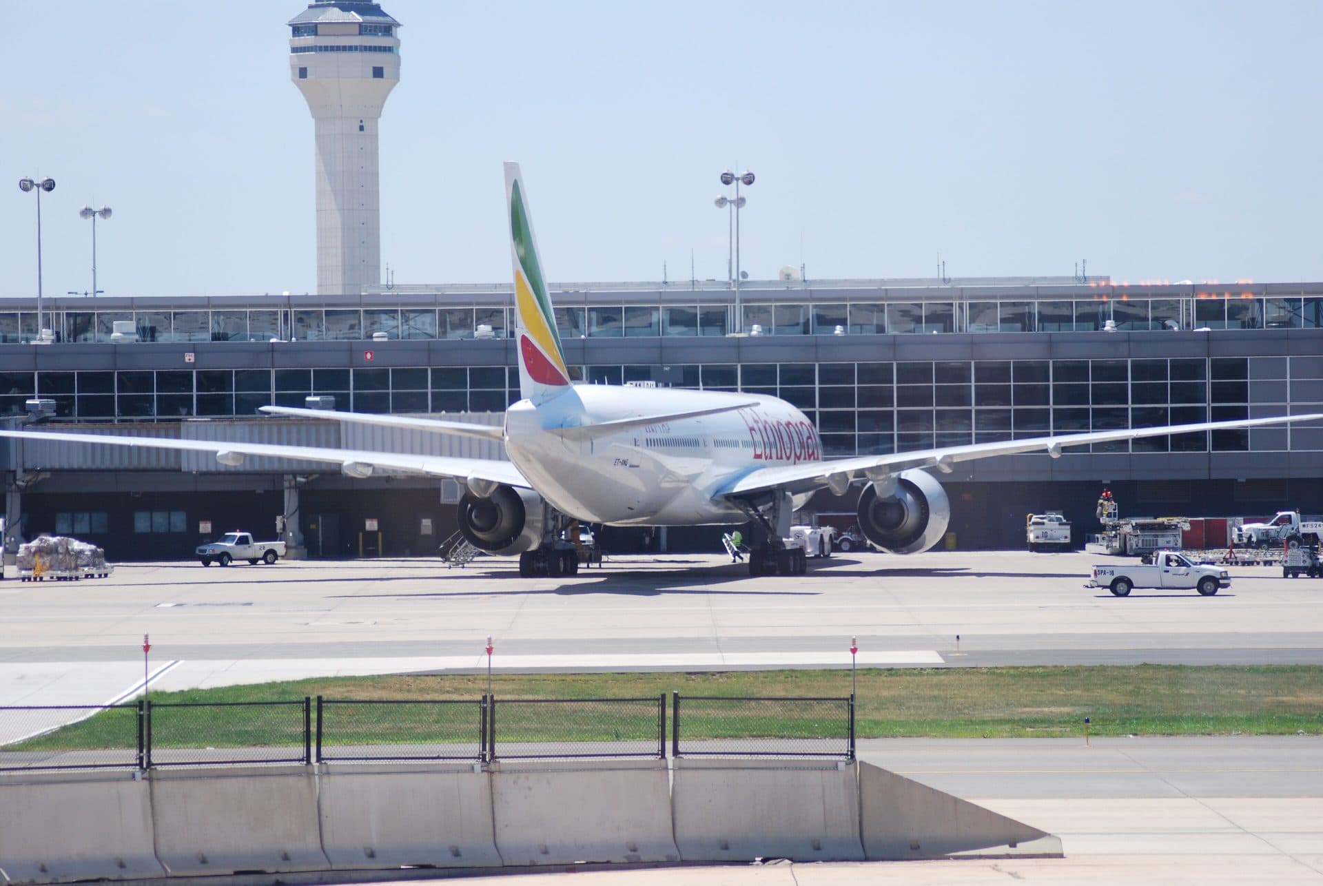 An Ethiopian Airlines Boeing 777 parked at a gate at Washington Dulles International Airport