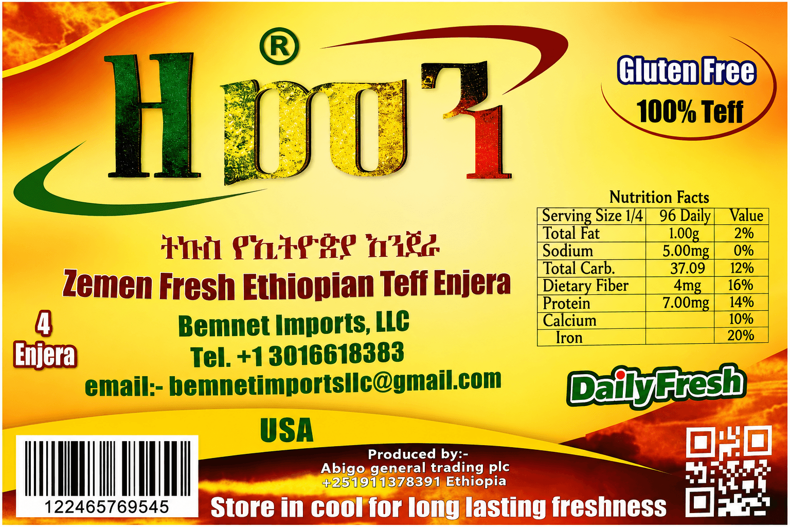 Zemen Fresh Ethiopian Teff Enjera